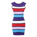 Color Block Stripe Print Round Neck Sleeveless Dress