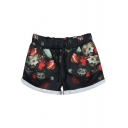 Floral Painting Print Sports Shorts with Drawstring Waist
