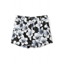 Black Floral Print Pleated Zippered Fitted Shorts
