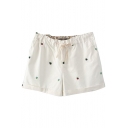 White Apple Embroidered Drawstring Waist Shorts