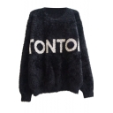 Cute Style Letter Jacquard Long Sleeve Soft Cropped Sweater with Round Neck