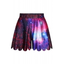Purple Elastic Waist Wide Leg Galaxy Print Shorts
