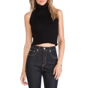 Plain Black Roll Neck Fitted Open Waist Cropped Sweater