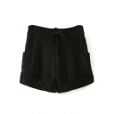 Black Knitting Drawstring Shorts with Pockets