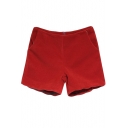 Red High Waist Woolen Curved Hem Shorts