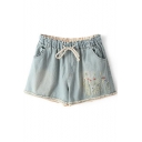 Light Blue Artistic Flora Embroidered Drawstring Waist Denim Shorts