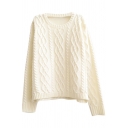 Plain Vintage Diamond Pattern Cable Knitted Round Neck Sweater