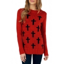 Boyfriend Cross Print Chunky Knit Sweater with Round Neck