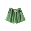 Green Drawstring Waist Casual Loose Shorts