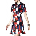 Short Sleeve Lapel Office Lady Style A-line Ruffle Hem Printed Dress
