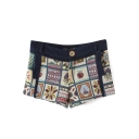 Navy Vintage Ethnic Style Casual Shorts