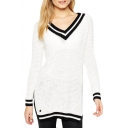 V-Neck Side Split Tunic Knitted Sweater with Striped Trim