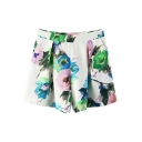 White Floral Painting Pleated Pocket Chiffon Shorts