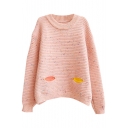 Owl Elbow Patch Colorful Polka Dot Round Neck Mohair Sweater