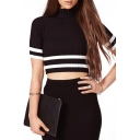 Black Fitted Stripe Print Rubbed Caff Open Waist Cropped Sweater
