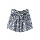 Blue And White Porcelain Belted Loose Shorts