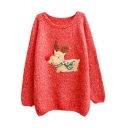 Christmas Deer Applique Must-have Long Sleeve Sweater with Round Neck