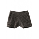 Brown Plaid Print Woolen Zippered Shorts with Pockets