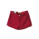 Red Plain Fitted Pocket Cotton Shorts