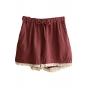 Burgundy Lace Hem Drawstring Waist Loose Shorts