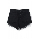 Black Denim Four Button Front Ripped Shorts