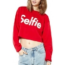 Red Selfie Print Long Sleeve Round Neck Crop Sweatshirt