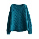 Vintage Style Weave Knitting Needle Plain Round Neck Loose Sweater