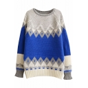 Color Block Raglan Sleeve Geometric Jacquard Round Neck Sweater