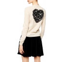 Long Sleeve Cardigan with Embroidered Heart Pattern and Lace Crochet