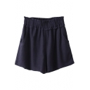 Dark Blue Elastic High Waist Linen Loose Shorts
