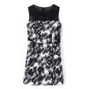 Mesh Panel Shoulder Sleeveless Ink Flora Chiffon Dress - Beautifulhalo.com