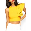 Yellow Cropped Zip Back Top with Ruffle Sleeve