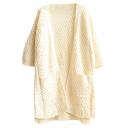 Cross Weave Knitted Plain 1/2 Sleeve Open-Front Side-Split Midi Cardigan