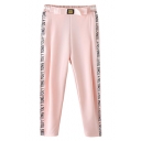 Pink Letters Side Bow Tie Waist Casual Crop Pants