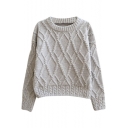 Plain Geometrical Pattern Cable Knitted Thick Crop Sweater