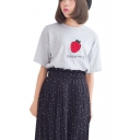 Embroidered Fruit Pattern Round Neck Short Sleeve Tee