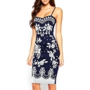 Navy Floral Fitted Pencil Camis Dress