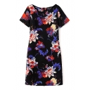 Floral Print Boat Neck Short Sleeve Fitted Dress