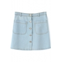 Light Blue A-line Button Fly Denim Skirt with Pockets