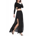 Black Elegant Split One Side Elastic Waist Max Skirt