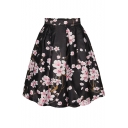 Black Peach Blossom Print A-Line Skirt