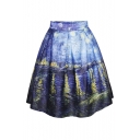 Blue Oil Painting Print Flare A-Line Skirt