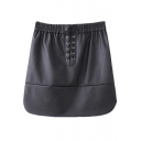 Black Drawstring Front Elastic Waist PU Skirt