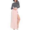 Pink Elegant Split One Side Elastic Waist Max Skirt