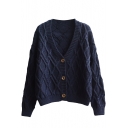 Plain V-Neck Single-Breasted Long Sleeve Knit Cardigan