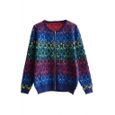 Colorblock Floral Jacquard Round Neck Zip Front Long Sleeve Cardigan
