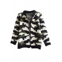 Camouflage Color V-Neck Open Front Long Sleeve Cardigan