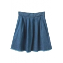Plain High Waist Tassel Trim Denim Mini Skirt