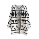 Geometric Pattern V-Neck Long Sleeve Open Front Cardigan