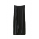 Black Elastic Waist Asymmetrical Hem Split Front Maxi Skirt